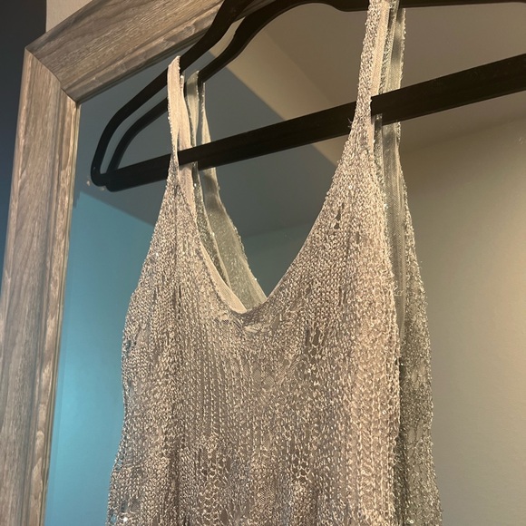 Zara Silver Sequin Metallic Open Knit Detail Tank Camo Maxi Long Dress - Picture 4 of 6